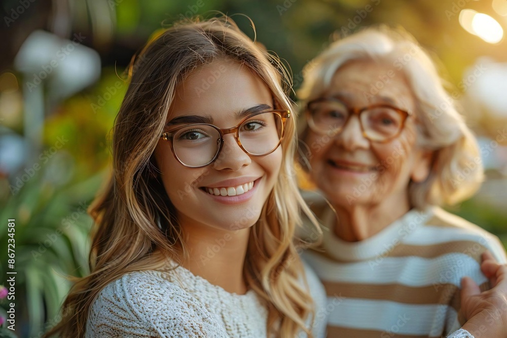 Smiling young woman tenderly holds the hand of a beautiful elderly woman with arthritis, both wearing eyeglasses. Smiling young woman tenderly holds the hand of a beautiful elderly woman with arthritis, both wearing eyeglasses.