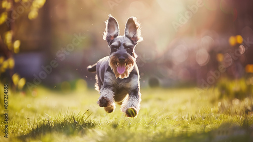 Full body shot of a Miniature Schnauzer, happily running in the soft sunlight.