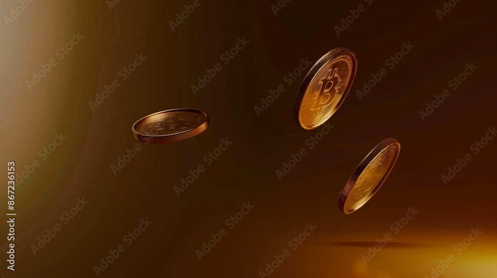 Three Floating Bitcoin Coins on Golden Background
