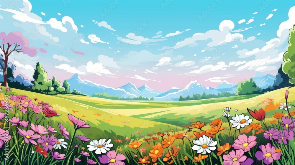 Fototapeta premium Idyllic Spring Landscape. Cartoon Illustration of Blooming Flower Field, Mountains, and Blue Sky