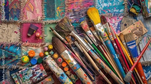 The Effervescent Spark of Imagination: A vibrant assortment of paintbrushes, crayons, and found objets d'art scattered about on a cozy patchwork rug