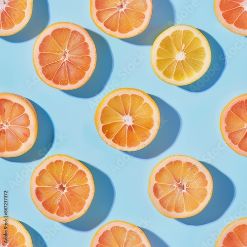 Miracle Fruits slices and whole, shot from above, making a fun pattern on a bright pastel color background, magazine cover photo