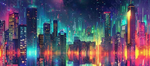 Cubist-inspired cityscape of neon skyscrapers where each building is a pixelated mosaic of vibrant colors against a starlit sky.