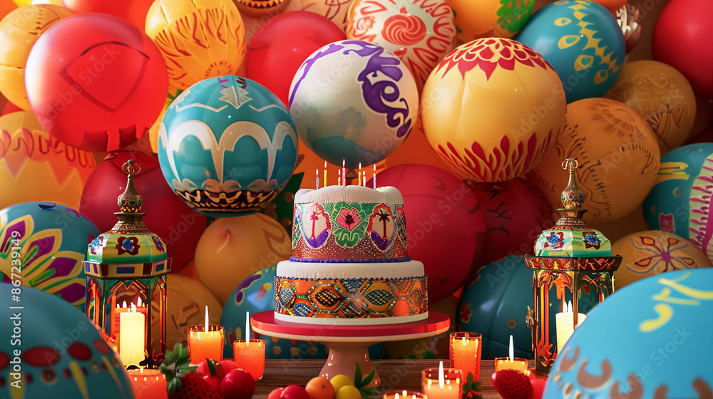 a Moroccan bazaar-themed birthday scene with vibrant balloons, a Moroccan bazaar-themed birthday scene with vibrant balloons,