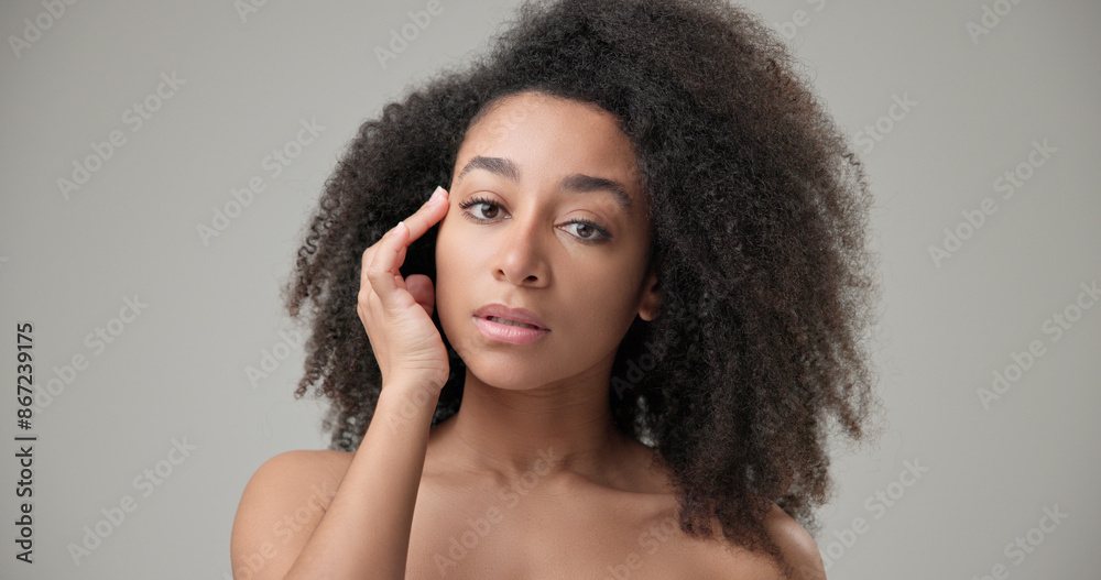 Beauty and healthcare concept - beautiful African American woman with curly afro hairstyle and clean, healthy skin touches her cheek and face with her hand, posing and looking at the camera Beauty and healthcare concept - beautiful African American woman with curly afro hairstyle and clean, healthy skin touches her cheek and face with her hand, posing and looking at the camera