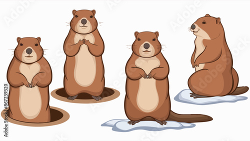 Four marmots in various poses. One marmot stands upright with its hands clasped in front of its chest, another is seen peeking out from a hole in the ground, the third is standing with its front paws 