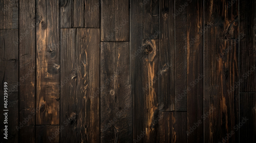 Naklejka premium Dark Burnt Wood Texture Background, Burned hardwood plank surface wallpaper