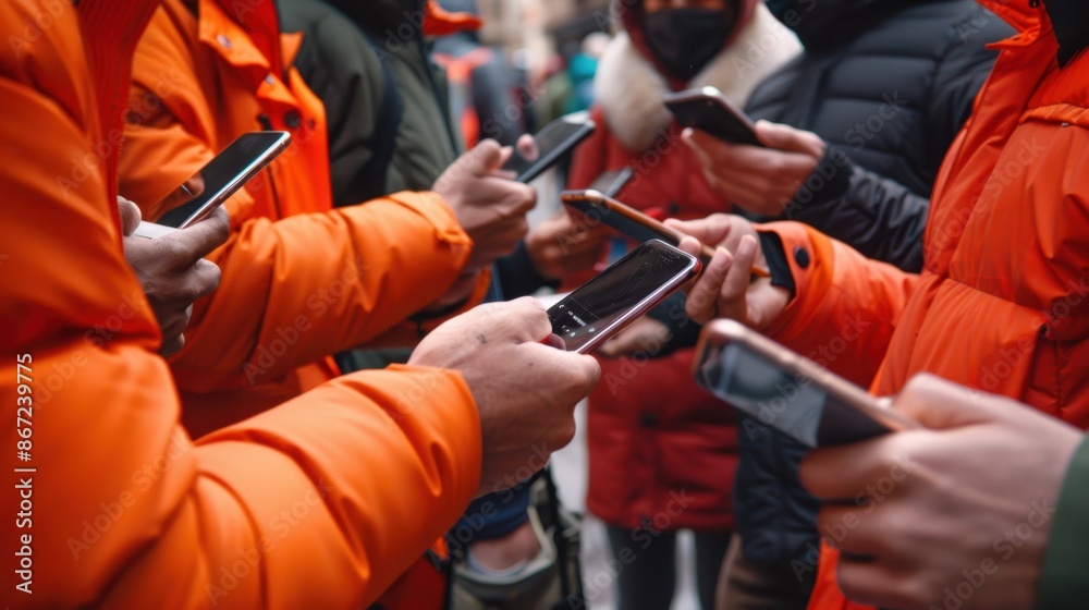 Group using smartphones outdoors Group using smartphones outdoors