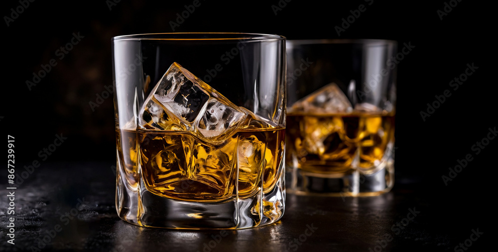 Glass of whiskey with ice cubes on a bar counter, Glass of scotch whiskey and ice on a dark background Glass of whiskey with ice cubes on a bar counter, Glass of scotch whiskey and ice on a dark background