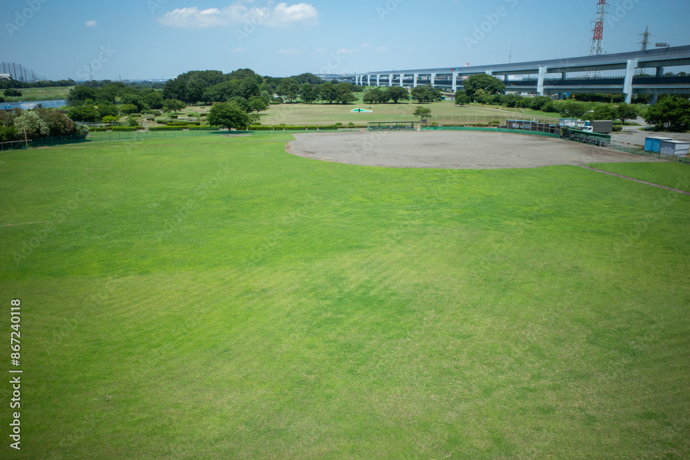 Obraz premium 開けた芝生の公園、草野球の会場
