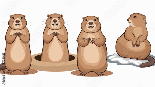 Four marmots in various poses. One marmot stands upright with its hands clasped in front of its chest, another is seen peeking out from a hole in the ground, the third is standing with its front paws  photo