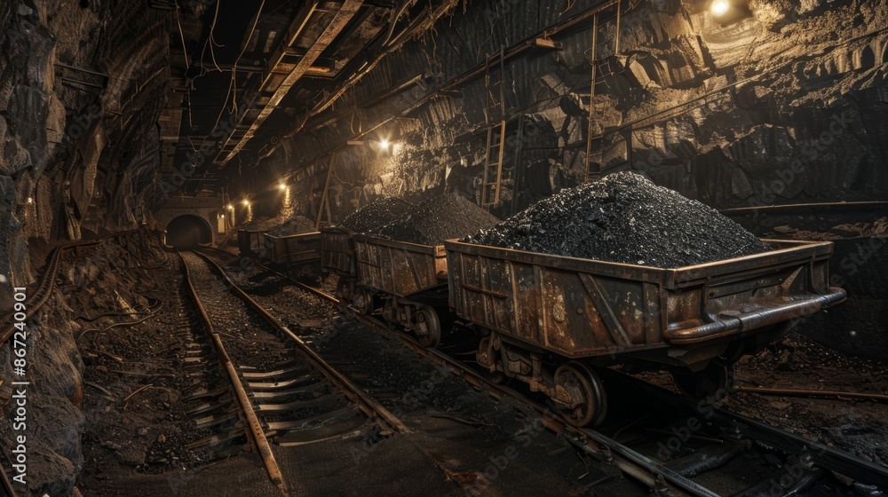 Underground Coal Mine with Loaded Carts - Generative AI