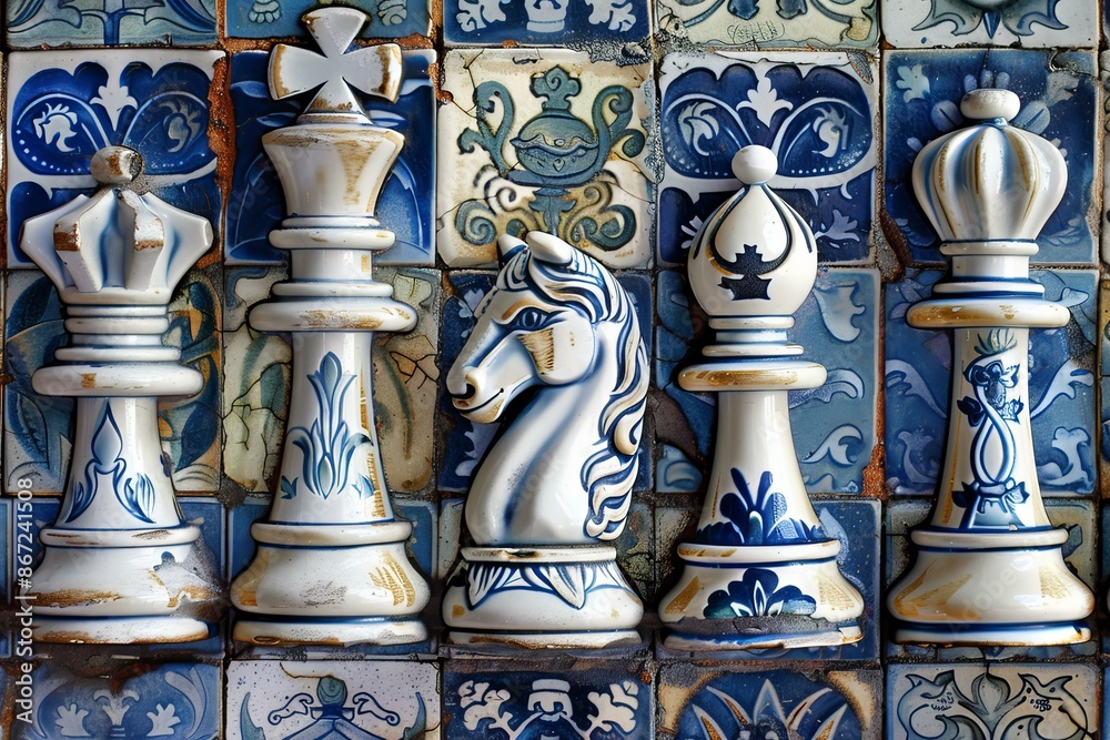 White ceramic chess pieces standing on blue and white ceramic tiles White ceramic chess pieces standing on blue and white ceramic tiles