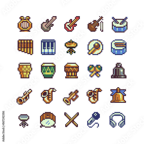 Musical instrument, music pixel art icons set. Treble clef, lyre, piano, guitar, saxophone, drumsticks, pan flute. Design for logo game, sticker, web, mobile app, badges and patches. Isolated vector.