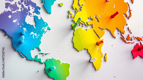 Colorful world map featuring highlighted regions and news markers against a light, neutral backdrop. Emphasizes comprehensive global news coverage and international reporting, suitable for a global ne photo