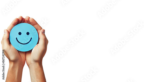 A pair of hands gently holding a blue circle with a simple, happy face drawn on it on white background