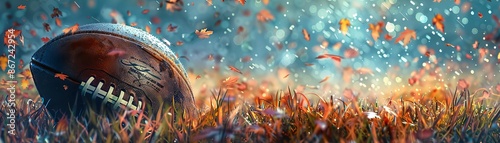 American football ball on a grassy field, vibrant colors, detailed textures, sports illustration