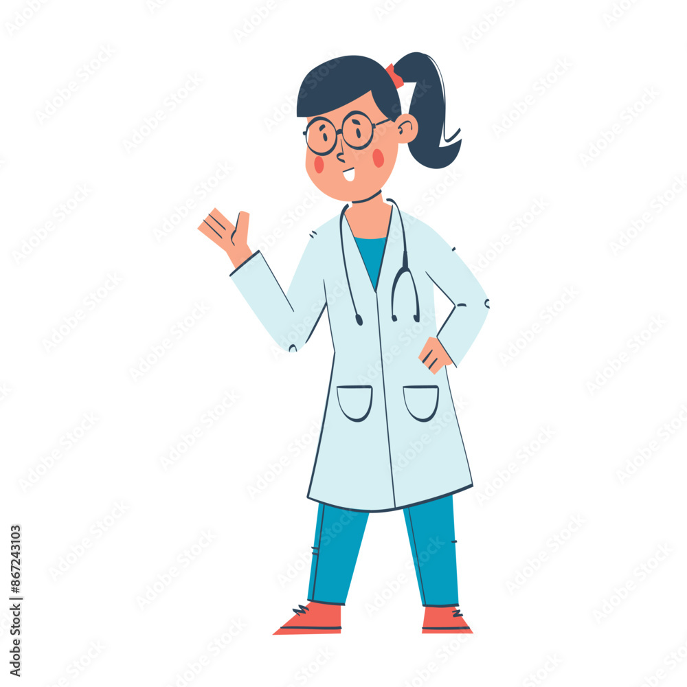 Smiling female doctor wearing lab coat and stethoscope vector illustration. Inspiring Future Career for Kids