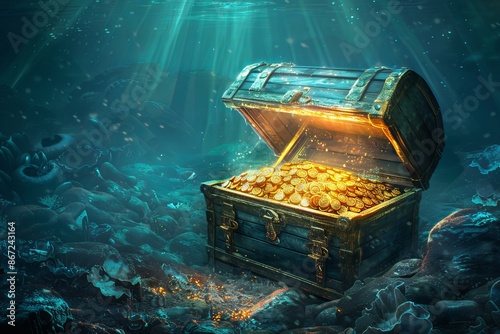 Old treasure chest full of golden coins is lying on the seabed and glowing underwater