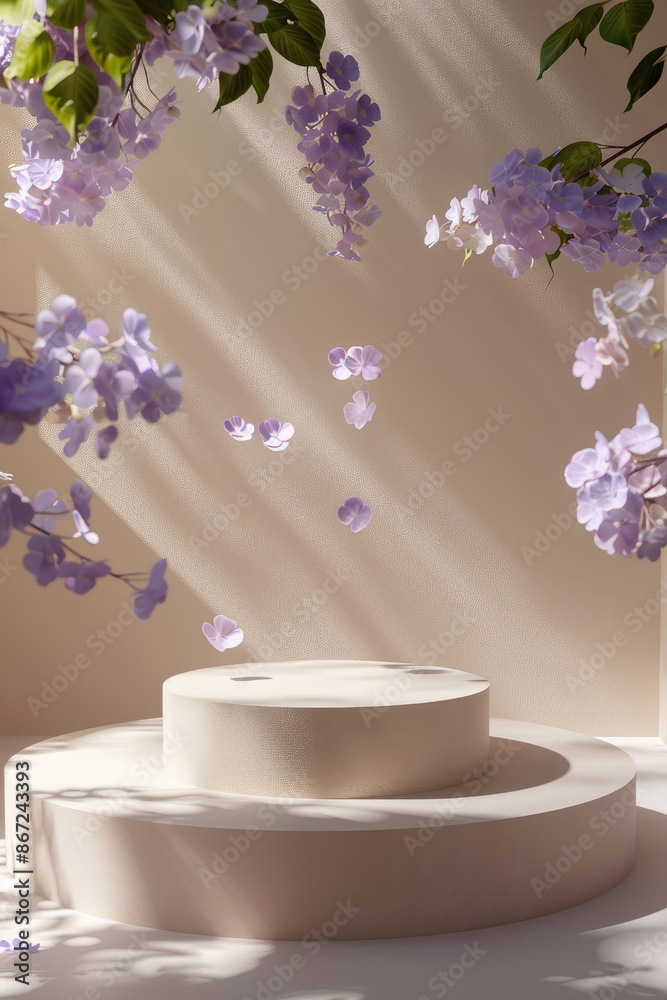 Podium, an empty space for displaying products on a delicate background and flowers Podium, an empty space for displaying products on a delicate background and flowers