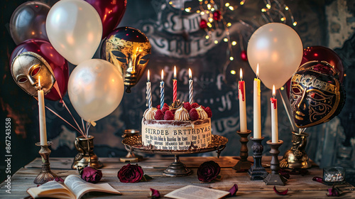 an elegant Shakespearean birthday scene with balloons resembling Renaissance masks, photo