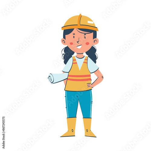 Illustration of Girl Engineer or Architect Holding Blueprint. Inspiring Future Careers for Kids