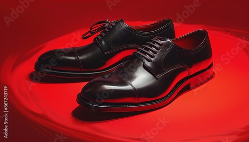 Black leather shoes on a red background, high contrast, detailed, realistic illustration