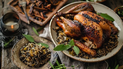 A bowl of aromatic wild rice cooked with foraged ramps served alongside a perfectly grilled wild turkey . photo