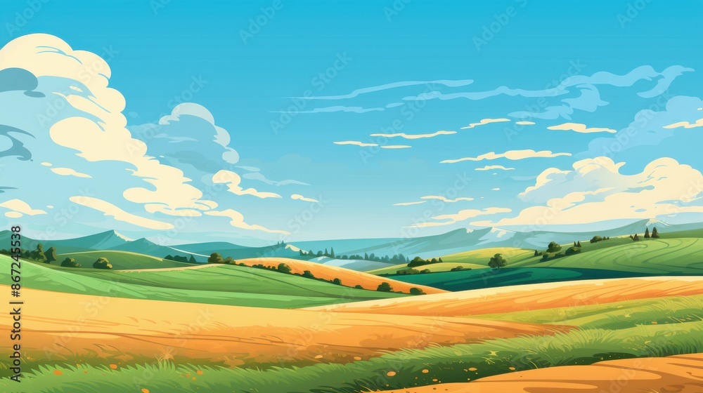Obraz premium Scenic Summer Landscape of Rolling Hills, Fields and Blue Sky. Idyllic Countryside Illustration