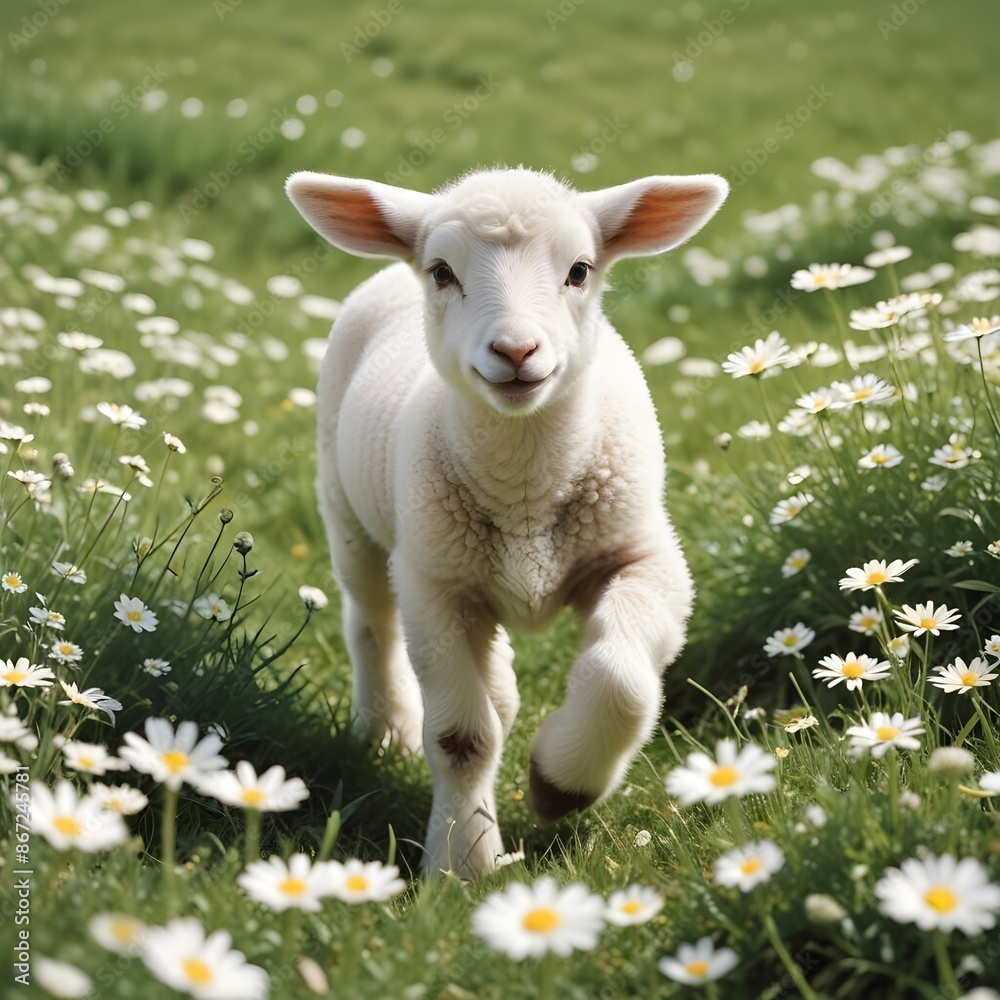 A young cute lamb frolicking in a field of daisies under the spring sun.