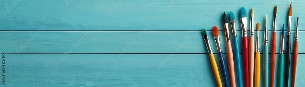 A collection of vibrant paintbrushes on a turquoise wooden background, perfect for art projects and creative inspiration.