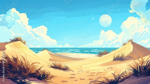 Digital art illustration of serene beach with sand dunes, sea and sky. Concepts of travel, summer, paradise, and vacation.