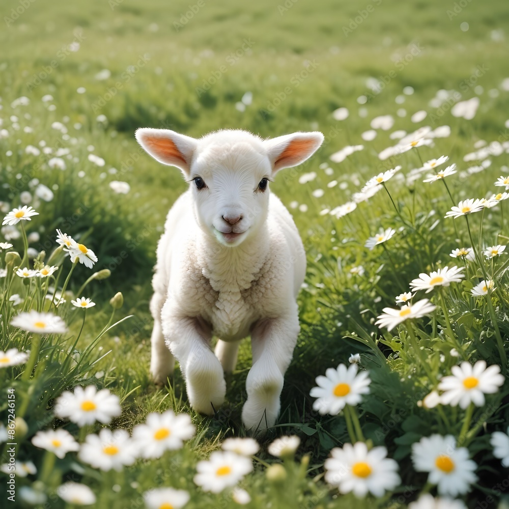 Fototapeta premium A young cute lamb frolicking in a field of daisies under the spring sun.