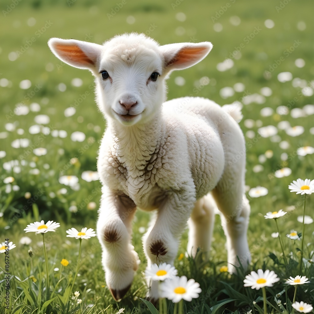 Fototapeta premium A young cute lamb frolicking in a field of daisies under the spring sun.