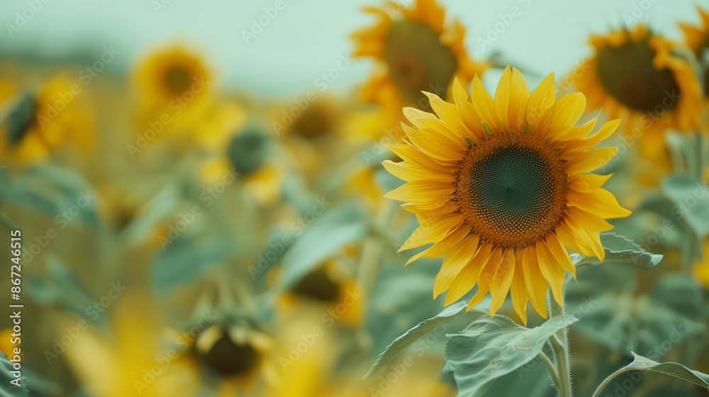 Fototapeta premium Sunflower Field With A Single Bloom Standing Out, Clear Sky Above