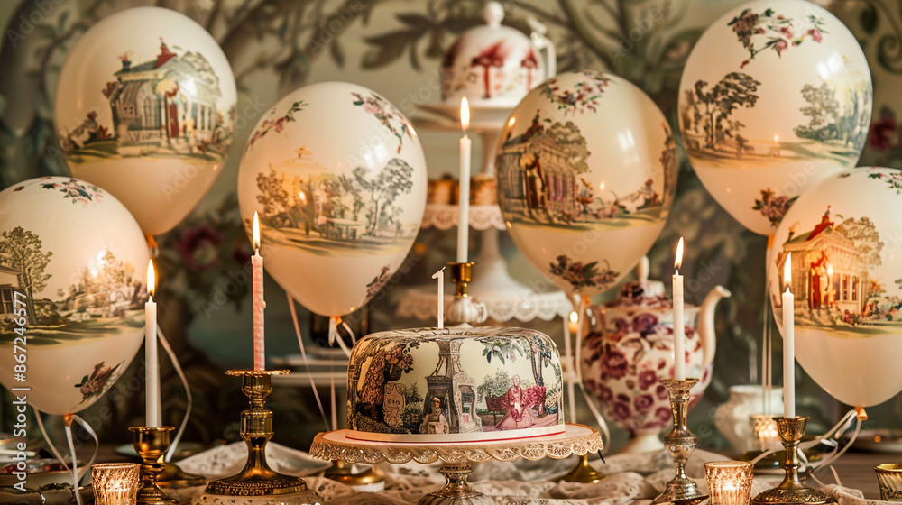 an elegant Victorian garden birthday gathering with balloons resembling Victorian garden scenes and tea parties, an elegant Victorian garden birthday gathering with balloons resembling Victorian garden scenes and tea parties,