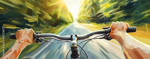 Dynamic POV view of a person riding a bicycle down a sunlit path surrounded by greenery, capturing the sense of speed and freedom. photo