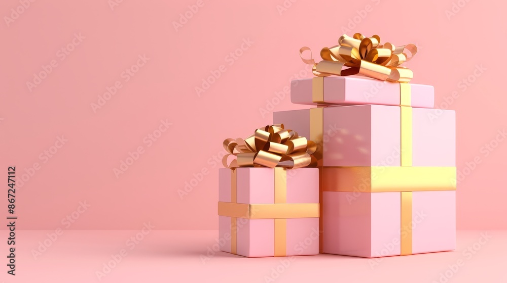 Obraz premium 3D gift boxes with gold ribbon, open and closed, isolated on pink background. Perfect for birthday parties and celebrations.
