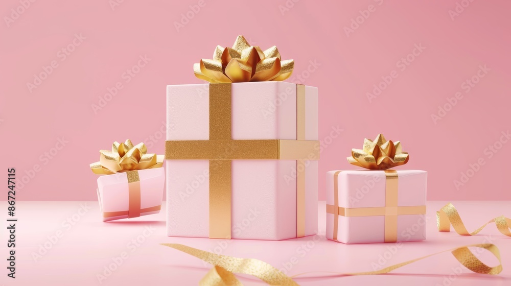 Obraz premium 3D gift boxes with gold ribbon, open and closed, isolated on pink background. Perfect for birthday parties and celebrations.