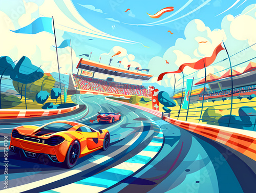 Race Cars Competing Intensely on a Scenic Track