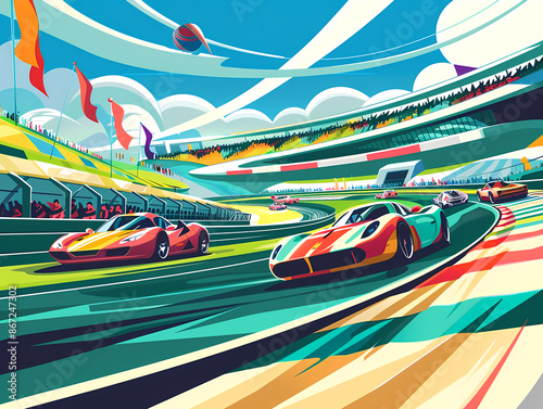 Race Cars Competing Intensely on a Scenic Track