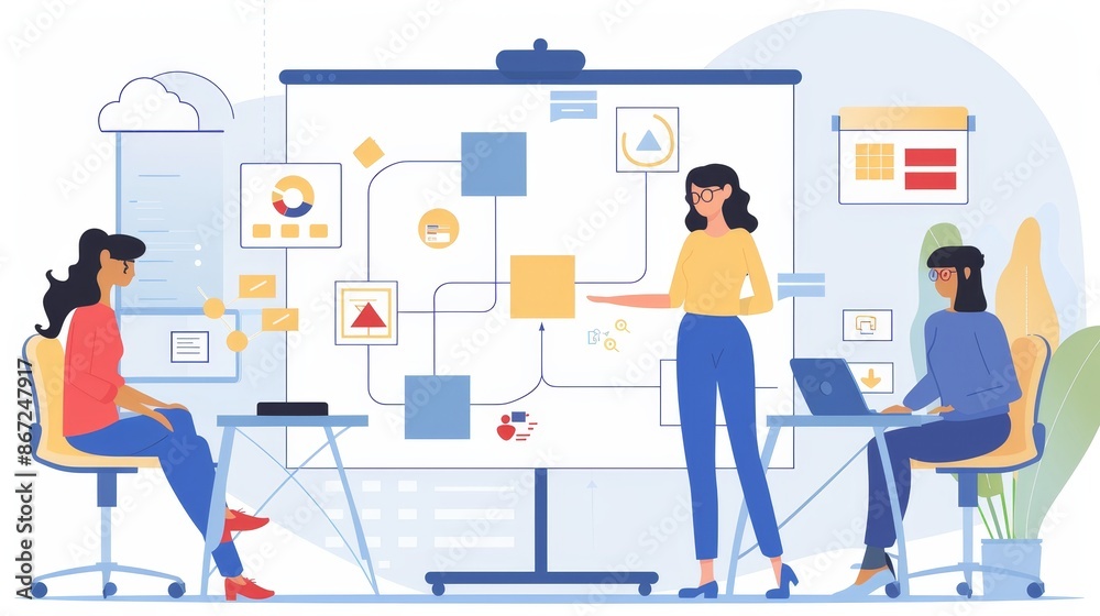 A professional woman guides a project flowchart discussion as part of product development, explaining each strategic step in a team meeting. A professional woman guides a project flowchart discussion as part of product development, explaining each strategic step in a team meeting.
