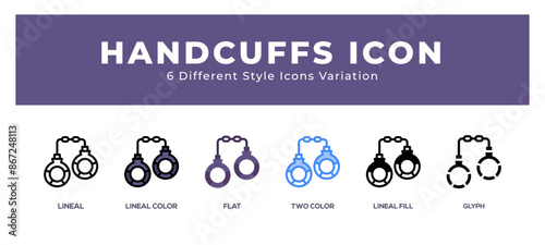 Handcuffs icon set with different styles. Icons designed in filled. outline. flat. glyph and line colored.