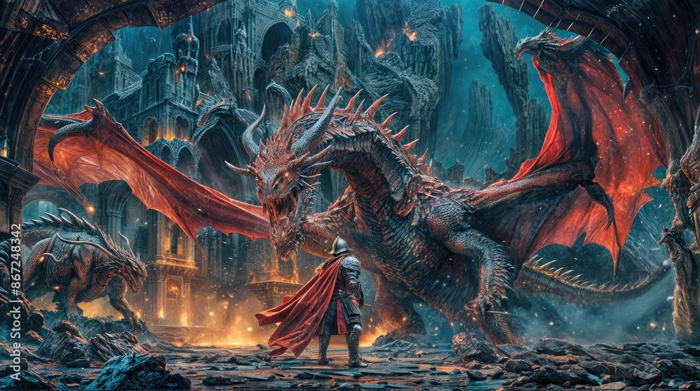 Obraz premium In an artwork of fantasy, a knight and a dragon clash against the backdrop of an ancient city, the creature's menacing teeth and expansive wings dominating the scene.