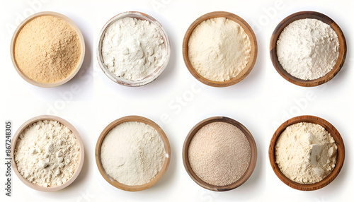 Different types of flour on white background, top and side views. Collage design