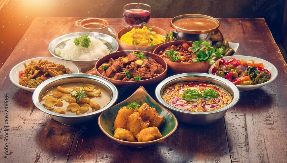 Illustrate a celebration of ethnic cuisines with a table filled with traditional dishes Illustrate a celebration of ethnic cuisines with a table filled with traditional dishes