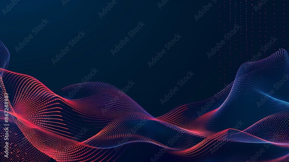 Fototapeta premium Abstract blue and red dynamic wavy lines with dotted texture. Dark blue background with copy space. Modern futuristic simple dots pattern. Vector illustration