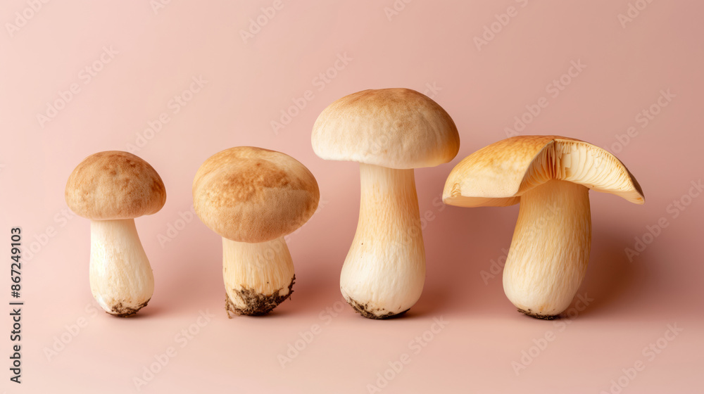 Four Mushrooms With Brown Caps Arranged Neatly On Light Pink Background Four Mushrooms With Brown Caps Arranged Neatly On Light Pink Background