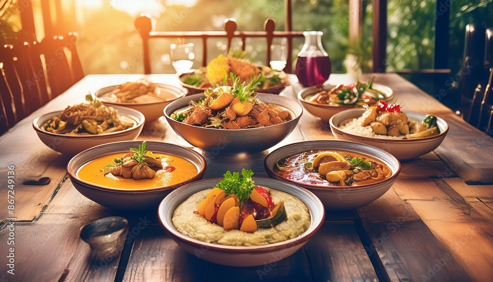 Illustrate a celebration of ethnic cuisines with a table filled with traditional dishes Illustrate a celebration of ethnic cuisines with a table filled with traditional dishes