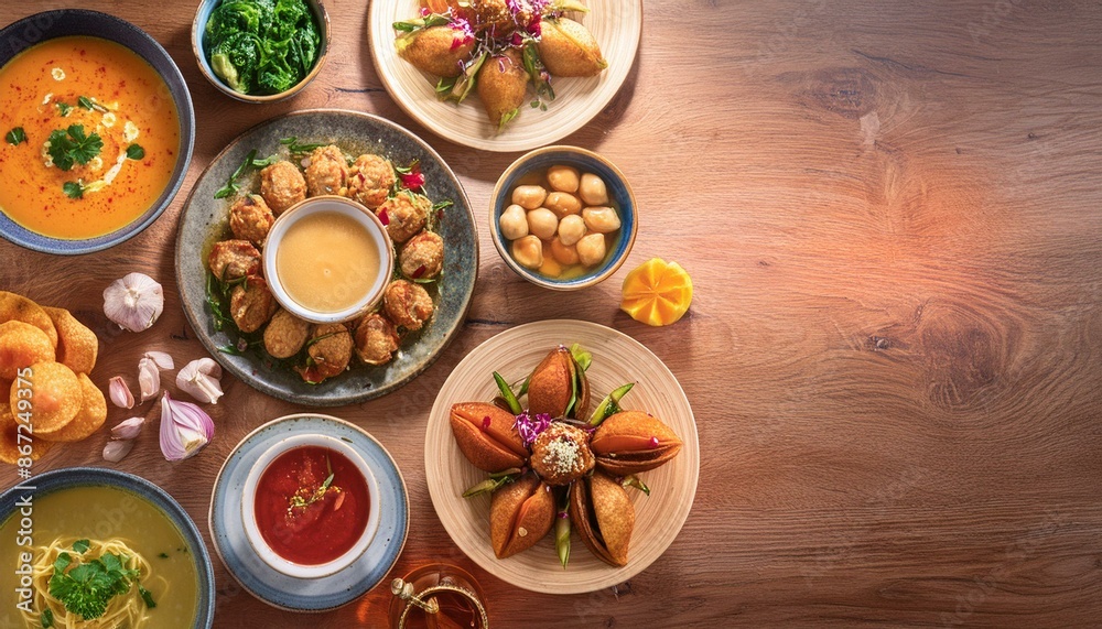 Illustrate a celebration of ethnic cuisines with a table filled with traditional dishes Illustrate a celebration of ethnic cuisines with a table filled with traditional dishes
